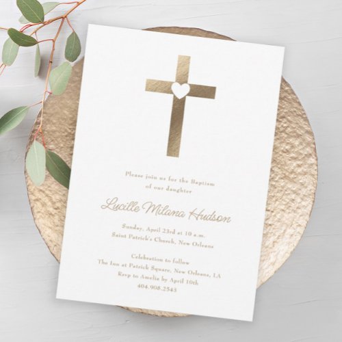 Simple Gold Cross with Heart Baptism Invitation