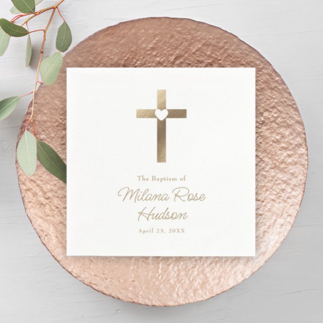 Simple Gold Cross with Heart Baptism Napkins (Simple Gold Cross with Heart Elegant Baptism Napkin.)