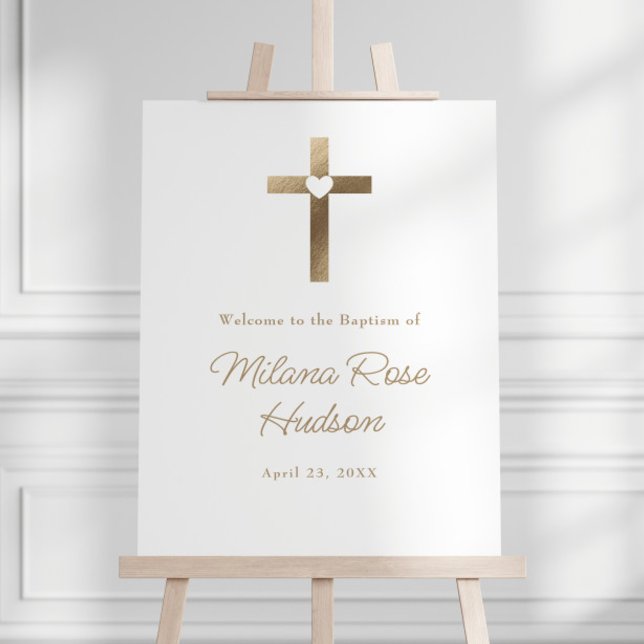 Simple Gold Cross with Heart Baptism Welcome Foam Board (Simple Gold Cross with Heart Elegant Baptism Welcome Sign.)