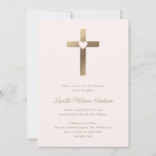 Simple Gold Cross with Heart Girls Baptism Invitation