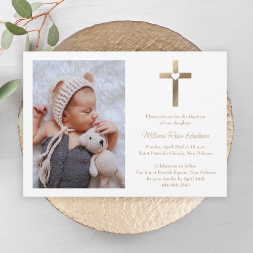 Simple Gold Cross with Heart Photo Baptism Invitation