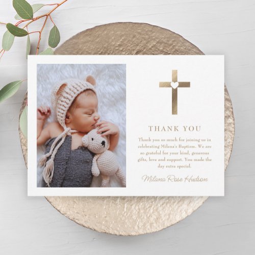 Simple Gold Cross with Heart Photo Baptism Thank You Card