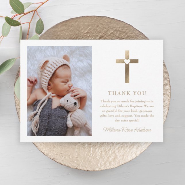 Simple Gold Cross with Heart Photo Baptism Thank You Card (Simple Gold Cross with Heart Minimal Photo Baptism Thank You Card.)