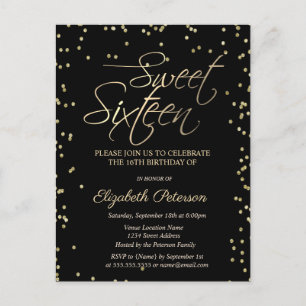 Simple Gold Diamonds Black Sweet 16 Invitation