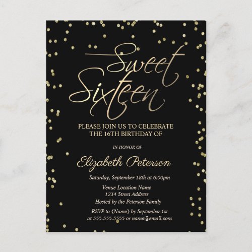 Simple Gold Diamonds Black Sweet 16 Invitation 