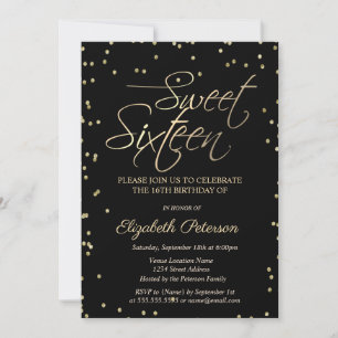 Simple Gold Diamonds Black Sweet 16 Invitation 