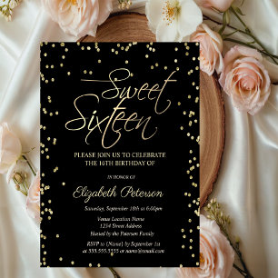 Simple Gold Diamonds Black Sweet 16 Invitation Postcard