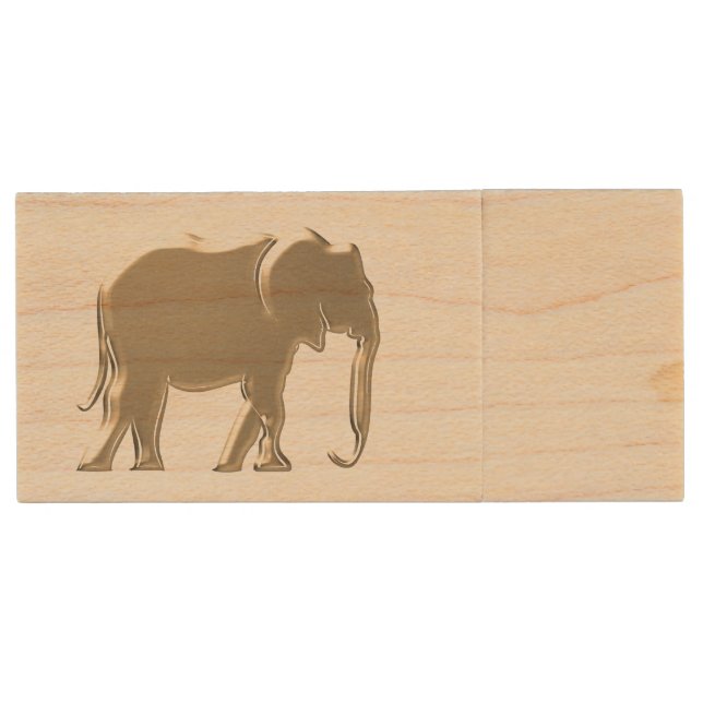 Simple Gold Elephant Wood Flash Drive (Front)