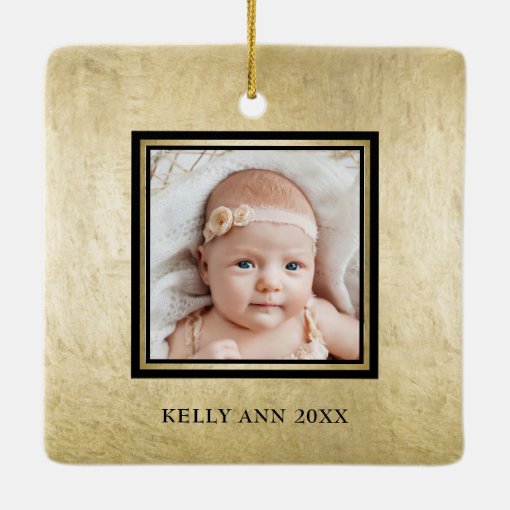 Simple Gold First Christmas Grandparents 2 Photos Ceramic Ornament | Zazzle
