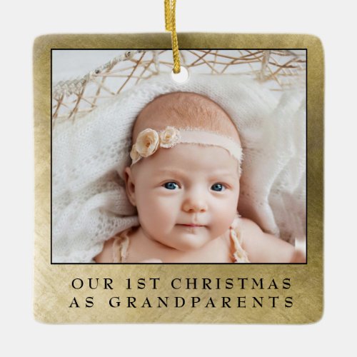 Simple Gold First Christmas Grandparents 2 Photos Ceramic Ornament