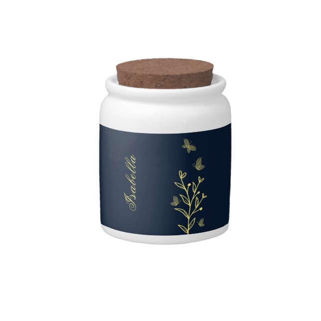Simple gold floral navy blue wedding candy jar (Front)