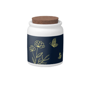 Simple gold floral navy blue wedding candy jar