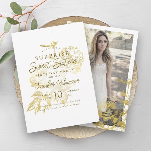 Simple Gold Floral Photo SURPRISE Sweet 16   Invitation