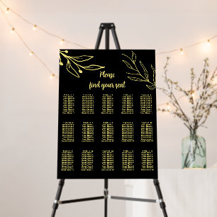 Simple gold flower black wedding seating chart foam board