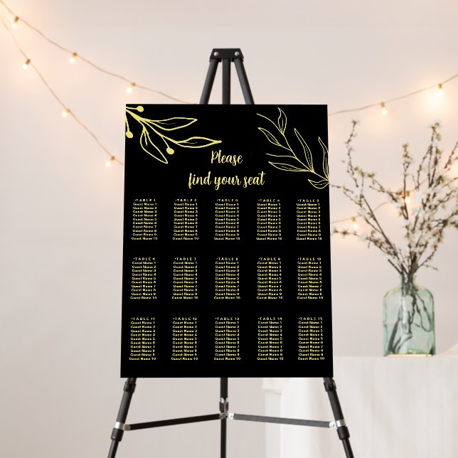 Simple gold flower black wedding seating chart foam board (In Situ (Stand))