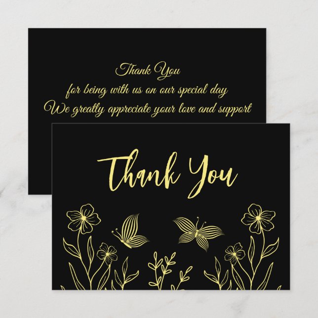Simple gold flower black wedding thank you card (Front/Back)