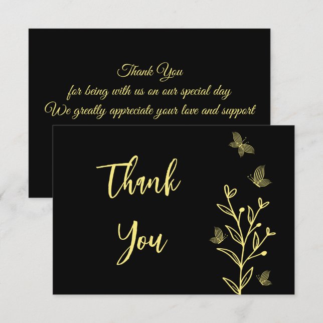 Simple gold flower black wedding thank you card (Front/Back)