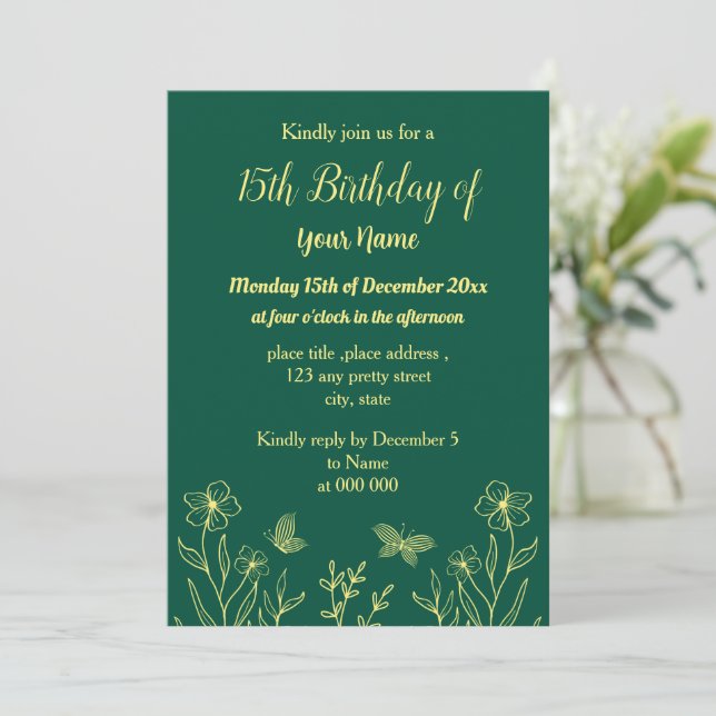 Simple gold flower emerald green birthday  invitation (Standing Front)
