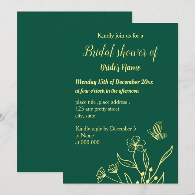Simple gold flower emerald green bridal shower invitation (Front/Back)