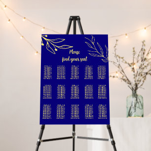 Simple gold flower royal blue seating chart foam board