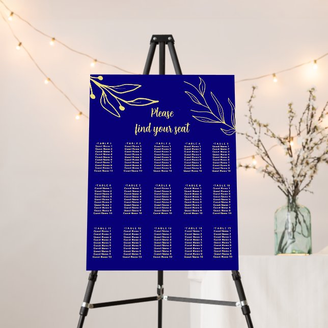 Simple gold flower royal blue seating chart foam board (In Situ (Stand))