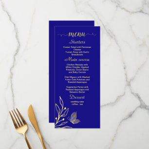 Simple gold flower royal blue wedding menu