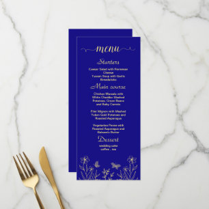 Simple gold flower royal blue wedding menu