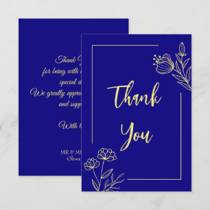 Simple gold flower royal blue wedding thank you card