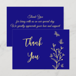 Simple gold flower royal blue wedding thank you card