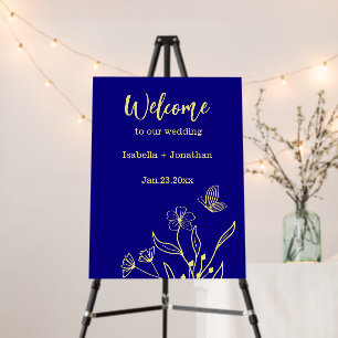 Simple gold flower royal blue wedding welcome sign