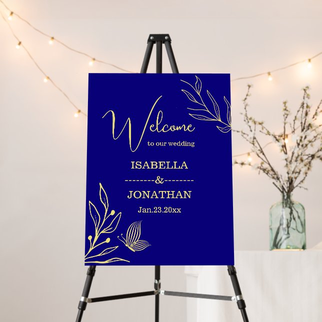 Simple gold flower royal blue wedding welcome sign (In Situ (Stand))