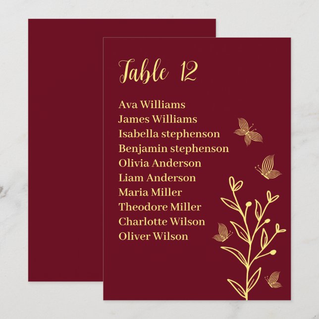 Simple gold flowers burgundy seating chart card (Front/Back)