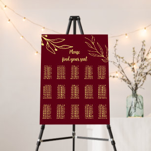 Simple gold flowers burgundy wedding seating chart foam board
