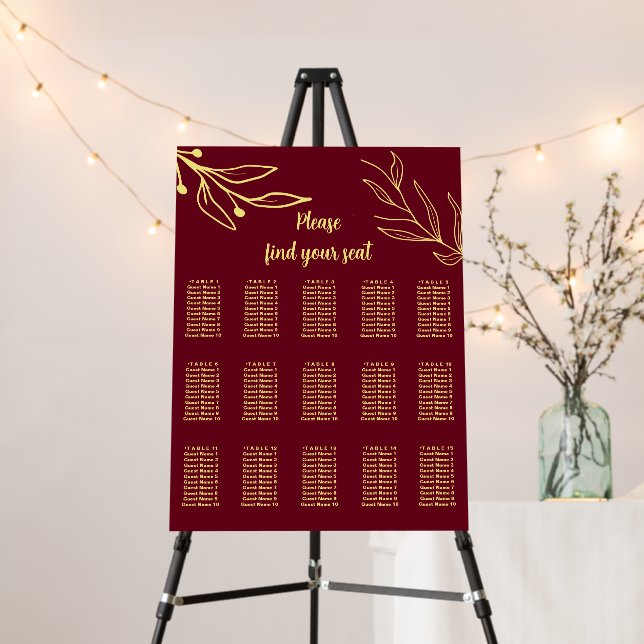 Simple gold flowers burgundy wedding seating chart foam board (In Situ (Stand))