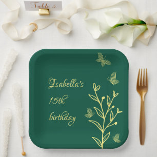 Simple gold flowers emerald green paper plates