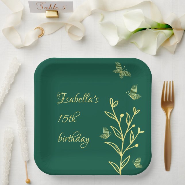 Simple gold flowers emerald green paper plates (Wedding)