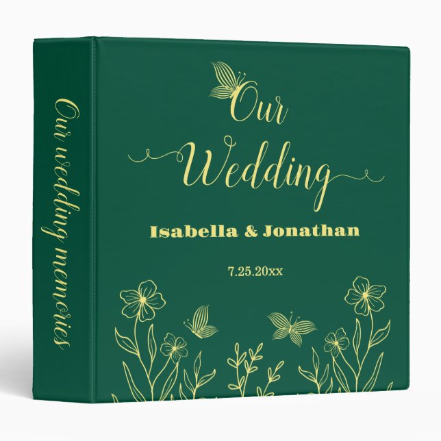 Simple gold flowers emerald green photo album 3 ring binder (Front/Spine)