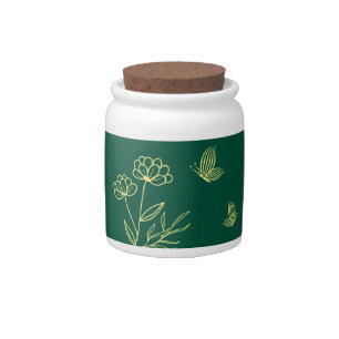 Simple gold flowers emerald green wedding candy jar