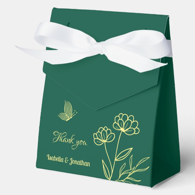 Simple gold flowers emerald green wedding favor boxes (Front)