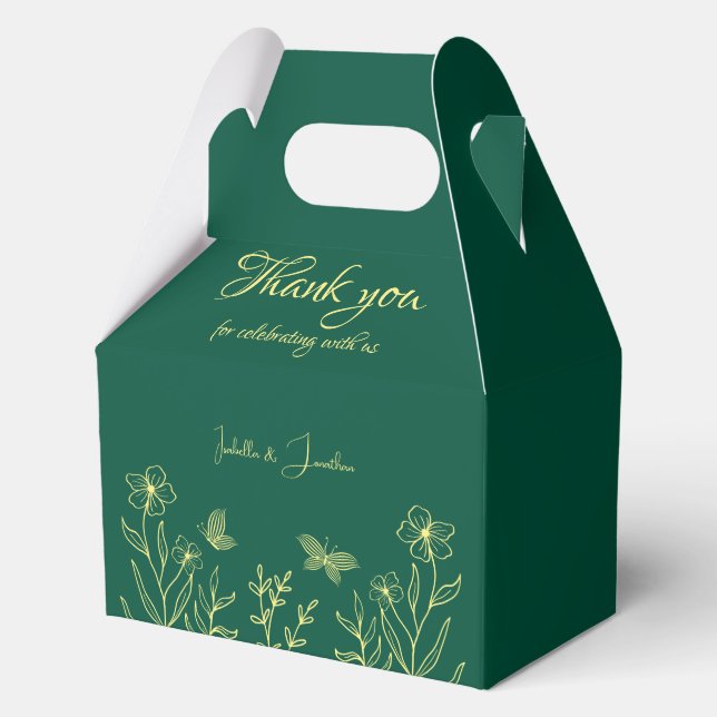 Simple gold flowers emerald green wedding favor boxes (Front)