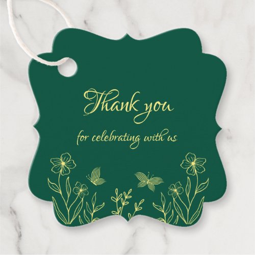 Simple gold flowers emerald green wedding favor tags
