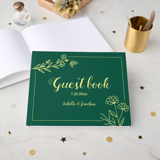 Simple gold flowers emerald green wedding guest book (Front Open)