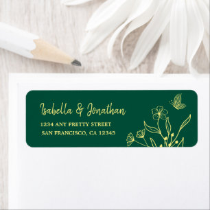Simple gold flowers emerald green wedding label