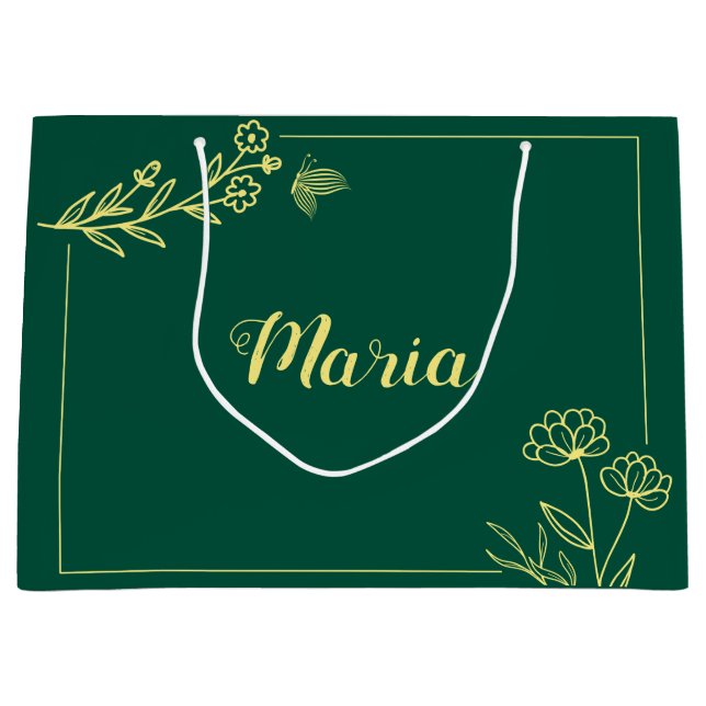 Simple gold flowers emerald green wedding large gift bag (Front)