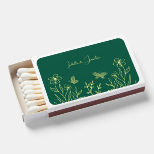 Simple gold flowers emerald green wedding matchboxes