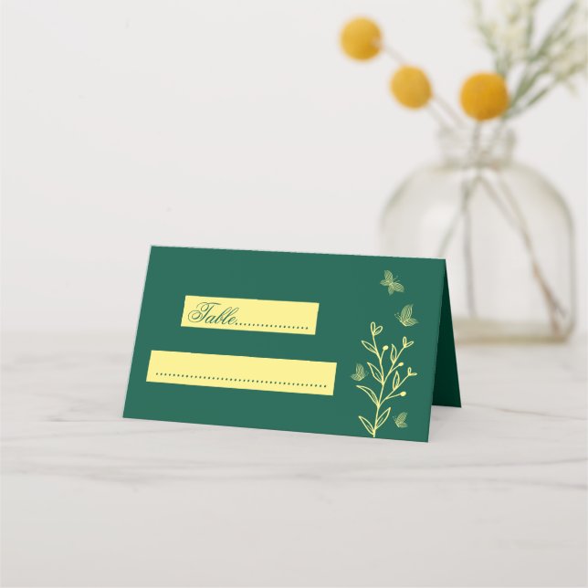 Simple gold flowers emerald wedding place card (Front)