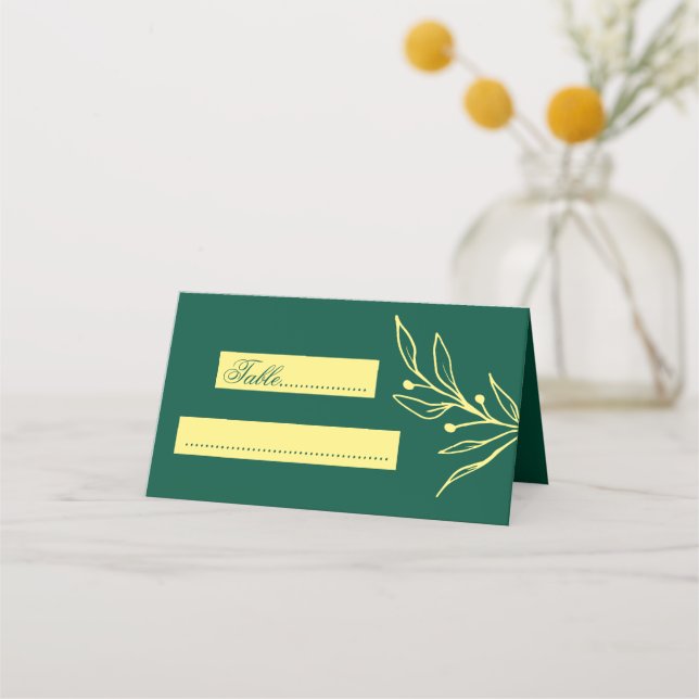 Simple gold flowers emerald wedding place card (Front)