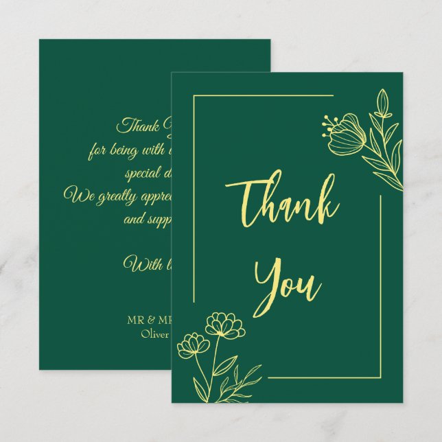 Simple gold flowers emerald wedding thank you card (Front/Back)