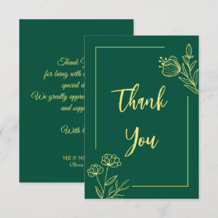 Simple gold flowers emerald wedding thank you card