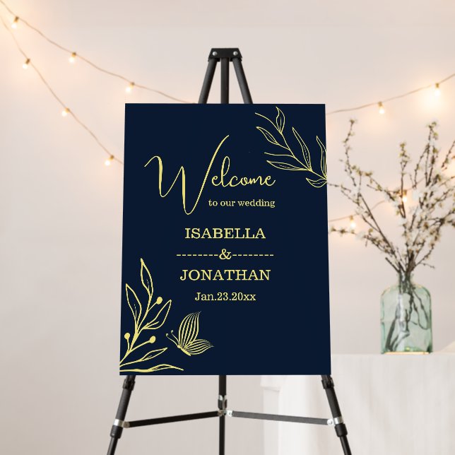 Simple gold flowers navy wedding welcome sign (In Situ (Stand))